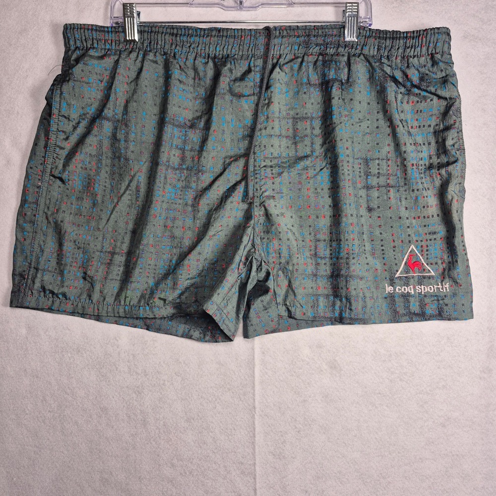 Le Coq Sportif Swim Trunks Men L Grey Geometric Vintage 90s Nylon Liner 3" USA
